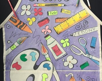 Hand Painted Art Apron for all ages. Personalized Art Smock. Machine washable. Two pockets. Art Apron. Cooking Apron. Gardening Apron.
