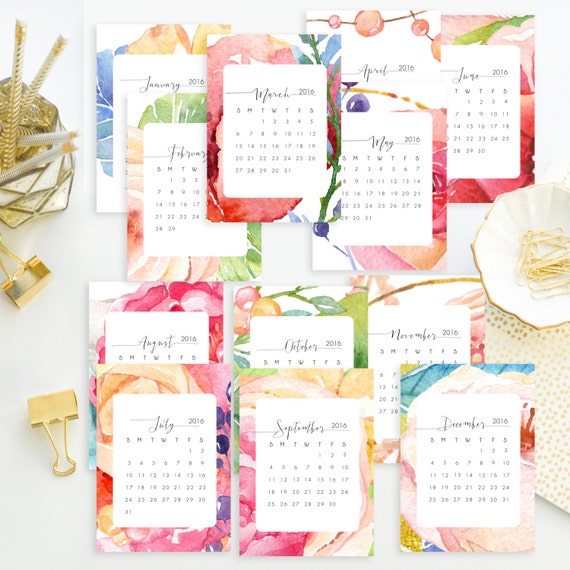 Instant 5x7 2016 Watercolor Floral Printable Desk By