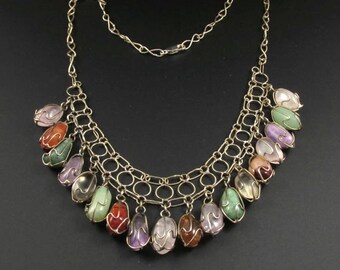 Multi Stone Necklace, Bib Necklace, Polished Stone Necklace, Boho Necklace, Natural Stone Necklace, Caged Stone Necklace, Colorful Necklace