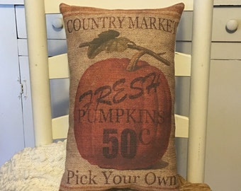 Vintage, Rustic, Country Market, Pumpkin on Burlap Sacking,Fall Decor,Pillow,Pumpkins