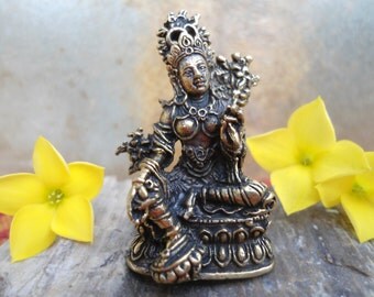 TARA Statue Tiny Brass Green Tara Statue Buddhist Bodhisattva Goddess Statuette Pocket Deity Travel Altar Buddhist Shrine Statuette Goddess