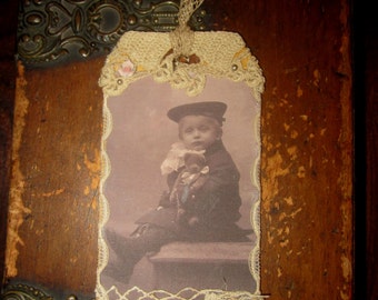 Vintage Lace Collage Young Boy with his Teddy Bear Embellished Tag