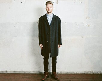 1980s Mens WOOL Coat . Vintage 80s Overcoat Classic Man Gray Winter Topcoat Single Breasted Outerwear Retro Clothing . Medium XL XXL