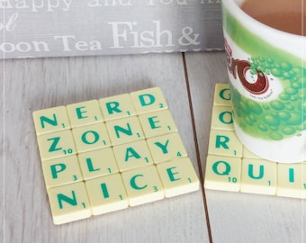 Geeky Gaming Coaster, Upcycled Scrabble Tiles, Nerd Zone, Play Nice, Cork Backing, Desk Accessories
