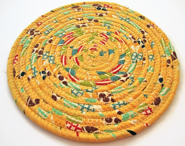 Yellow Coiled Fabric Trivet Handmade Clothesline Trivet