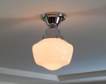 Vintage Schoolhouse Ceiling Light. Vintage Opal Globe New Chrome Fixture