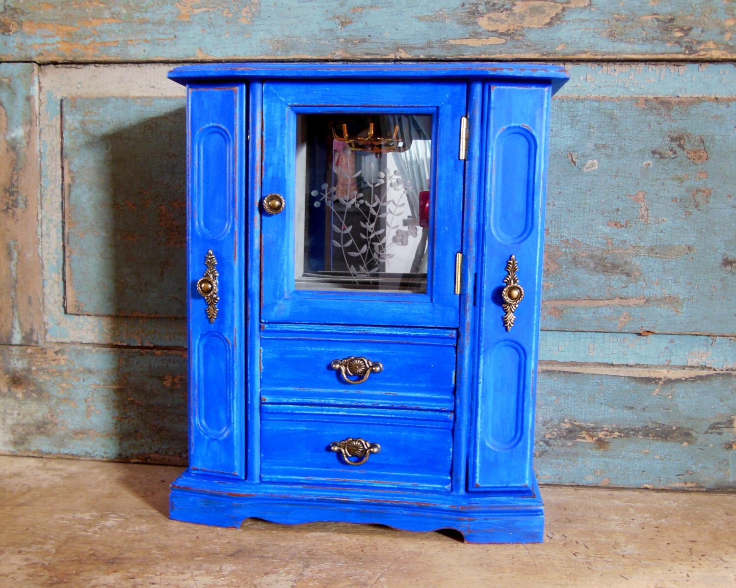 Jewelry Box Cobalt Blue Distressed Wooden Painted