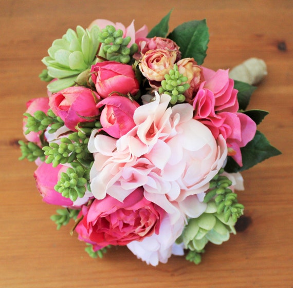 SALE Pink Silk Flower Bouquet with Artificial Succulent