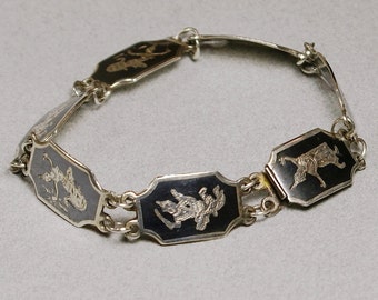 Siam Silver Bracelet, Nielloware, Ramakien, Niello, 6-5/8 Inches, Vintage Thailand