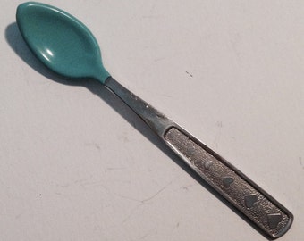 BABY SPOON, Vintage -- Soft Aqua Bowl with Stainless Steel Handle, Unusual and Useful!