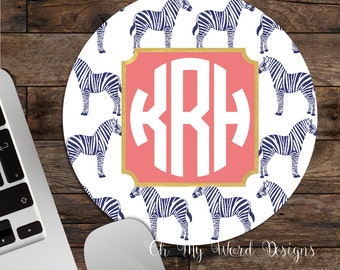 Zebra Monogram Mouse Pad-Monogram Mouse Pad-Desk Accessories-Preppy Mouse Pad-Round Mouse Pad