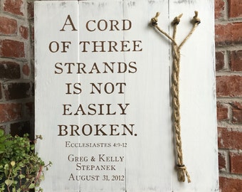 A Cord of three strands, Ecclesiastes 4:9-12, RUSTIC WHITE, Wood sign, Rope Detail, Rustic Wedding Decor, Unity Ceremony, 3 Cords, Divinity