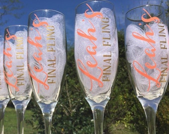 Bachelorette champagne glasses, personalized champagne flutes, final fling glasses, bridesmaids champagne glasses