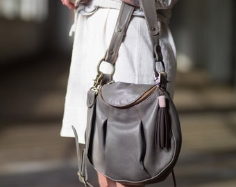 Grey Leather Handbag- made to order bag- pleated leather bag- grey leather bag- littlewings designs- crossbody leather bag