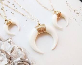 Double Horn Necklace, Downward Facing Crescent Necklace, Layering Necklace, Moon Necklace, Dainty Wire Wrapped White Horn Jewelry
