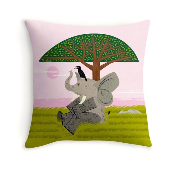 The Elephant and The Eagle - children's decor - illustrated Cushion cover / Throw Pillow cover (16" x 16") by Oliver Lake