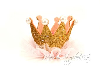 Gold Princess Crown with Pearls 2" by 3" - Gold Crown Baby, Gold Glitter Crown, Gold Baby Crown, Gold Crown