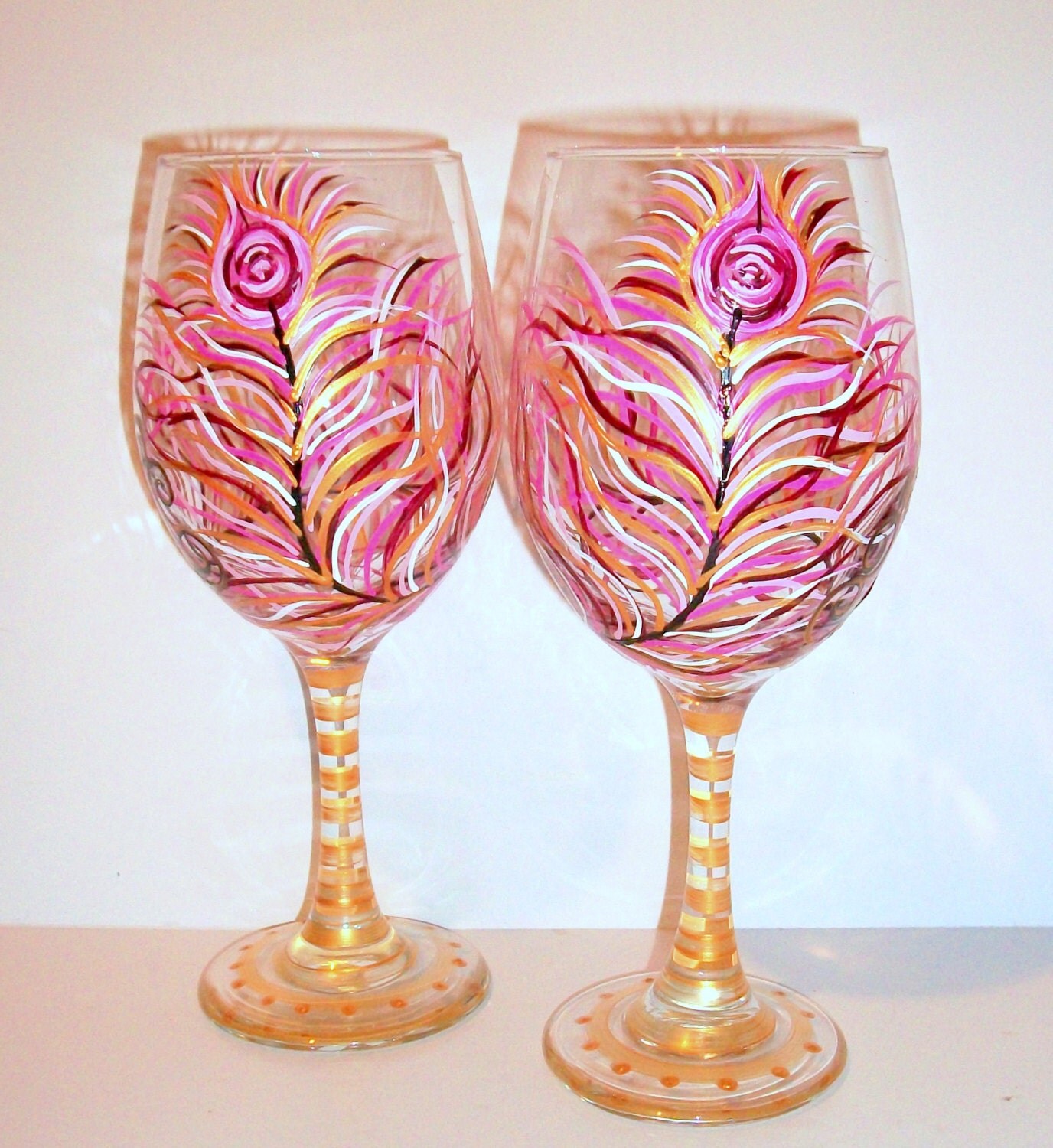 Hot Pink Peacock Feather Hand Painted Wine Glasses Wedding