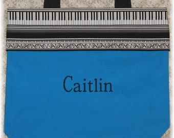 Child's personalized PIANO music tote bag lesson book bag keyboard embroidered Turquoise canvas musician kids birthday recital gift idea