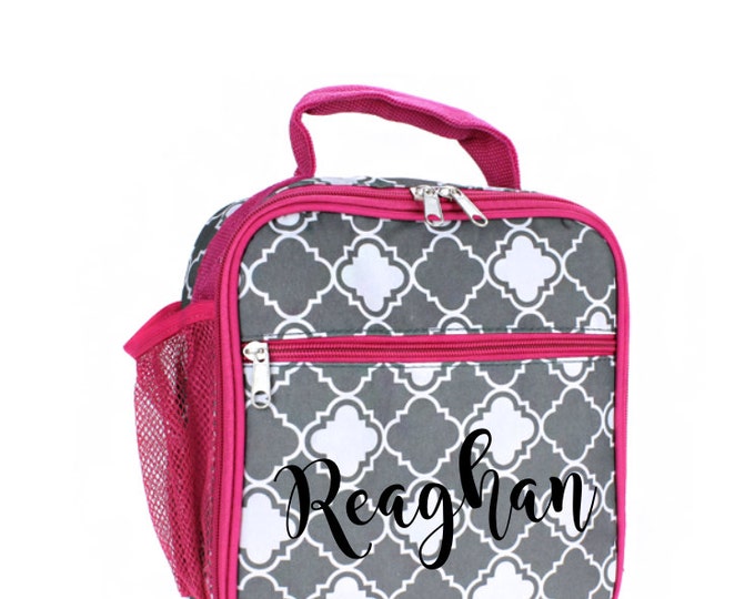 Gray and Pink Quatrefoil Monogrammed Lunch Bag, Kids Lunchbox, Insulated Cooler Tote, Personalized Name, Back to School, School Supplies