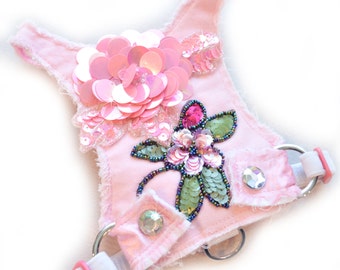 Small Dog | Dog Harness | Choke Free | Frayed Denim | Pink | Harness Vest | Frayed Pink Flower