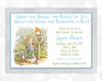 Peter Rabbit Baby Shower Invitation - Boy Baby Shower Invite Beatrix Potter It's A Boy Polka Dots Shabby Chic Gray Blue (Item #7)