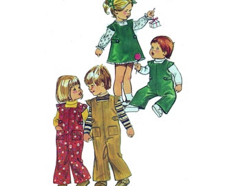Baby Sewing Pattern Vintage 70s Overalls with Snap Crotch, Dress and Blouse Toddler Size 6MO Chest 19" (48 cm) Simplicity 5992