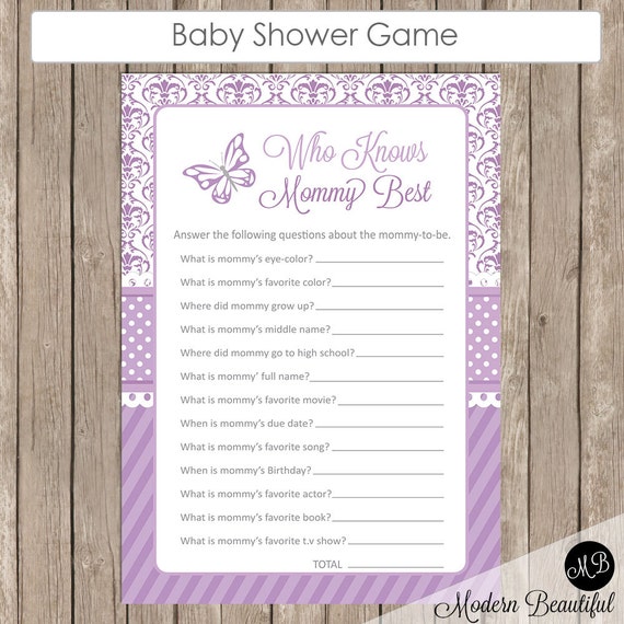 Who Knows Mommy Best Shower Game, purple butterfly theme ...