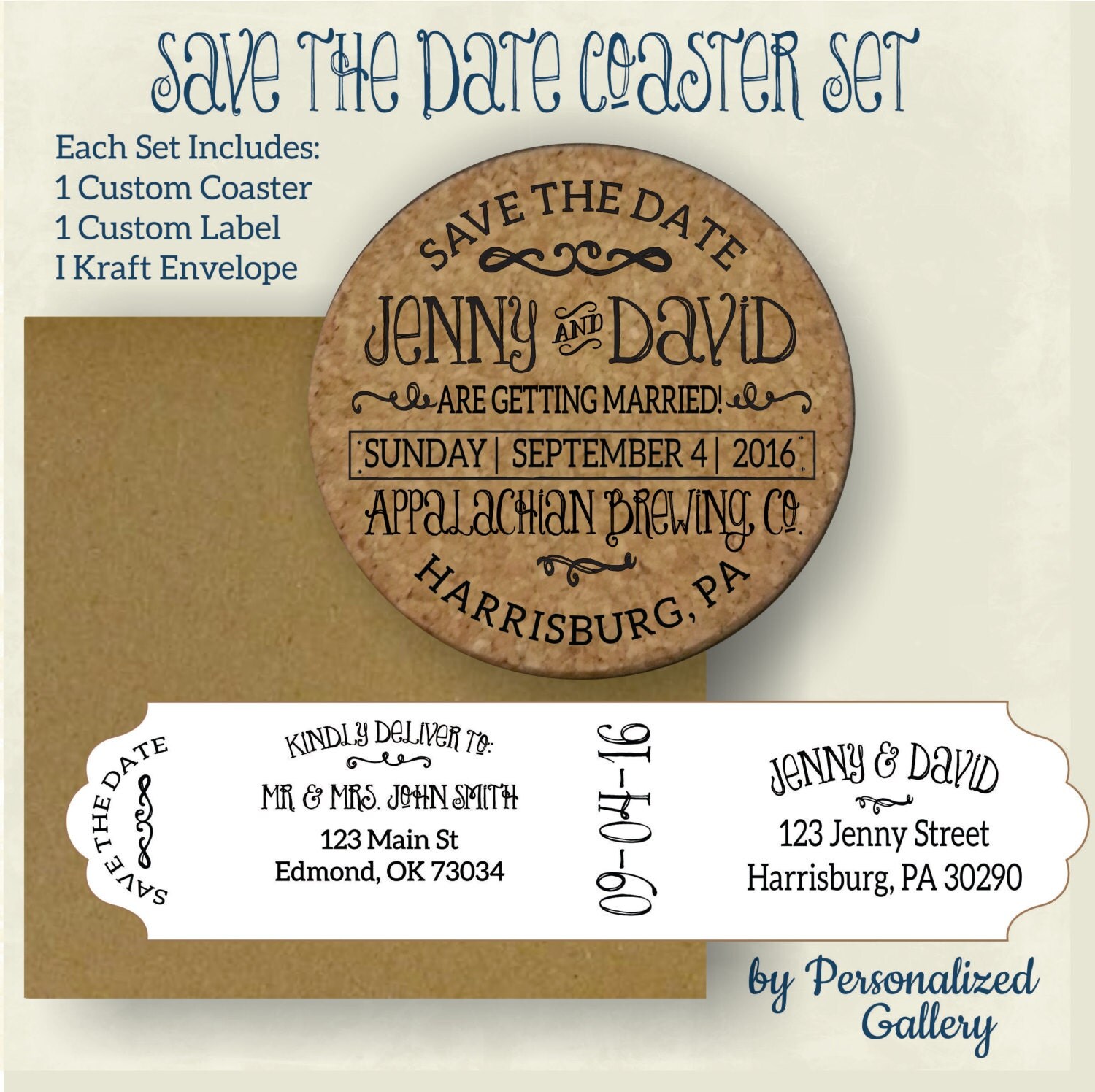 Custom Save the Date Invitation cork coasters With Envelopes