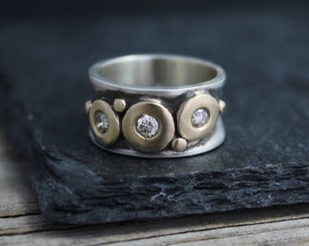 Sterling silver 14k 10mm 3 stone gold diamond pebble ring 10mm wide