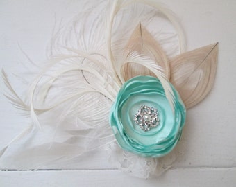 Mint Green Rose & Ivory Peacock Feather Fascinator, Bridal Flower Head Piece, MINT, Champagne, Rustic Country Bride, Kentucky Derby