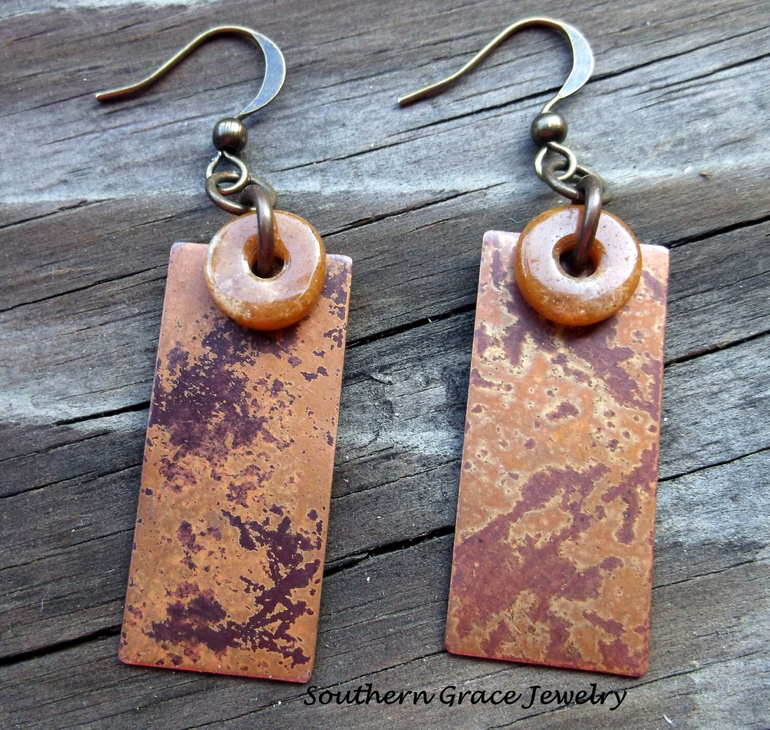Vintage copper and yellow jade earrings by SouthernGraceJewelry
