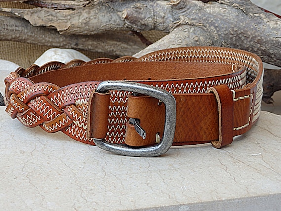 Braided belt. Brown leather belt. Buckle belt for men women.