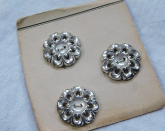 Lot of Three 1940's Vintage Silver Metal Flower Buttons on the Original Card