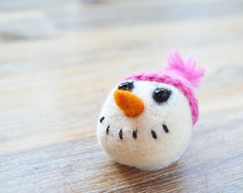 Christmas Snowman Felt Brooch With Hot Pink Crocheted Hat - Needle Felted Winter Xmas Snowman Pin