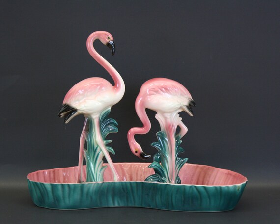 Vintage Mid Century Maddux Pottery Pink Flamingos in Pond Tray