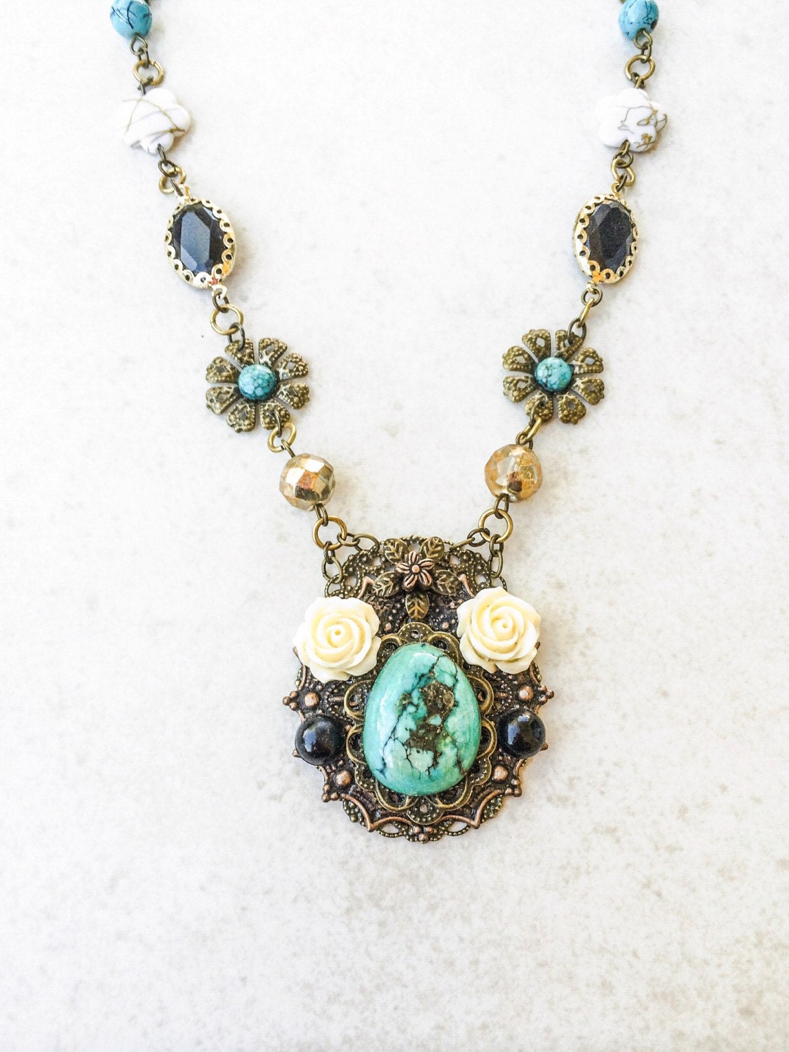Turquoise Assemblage Flower Necklace Stone Pendant Collage