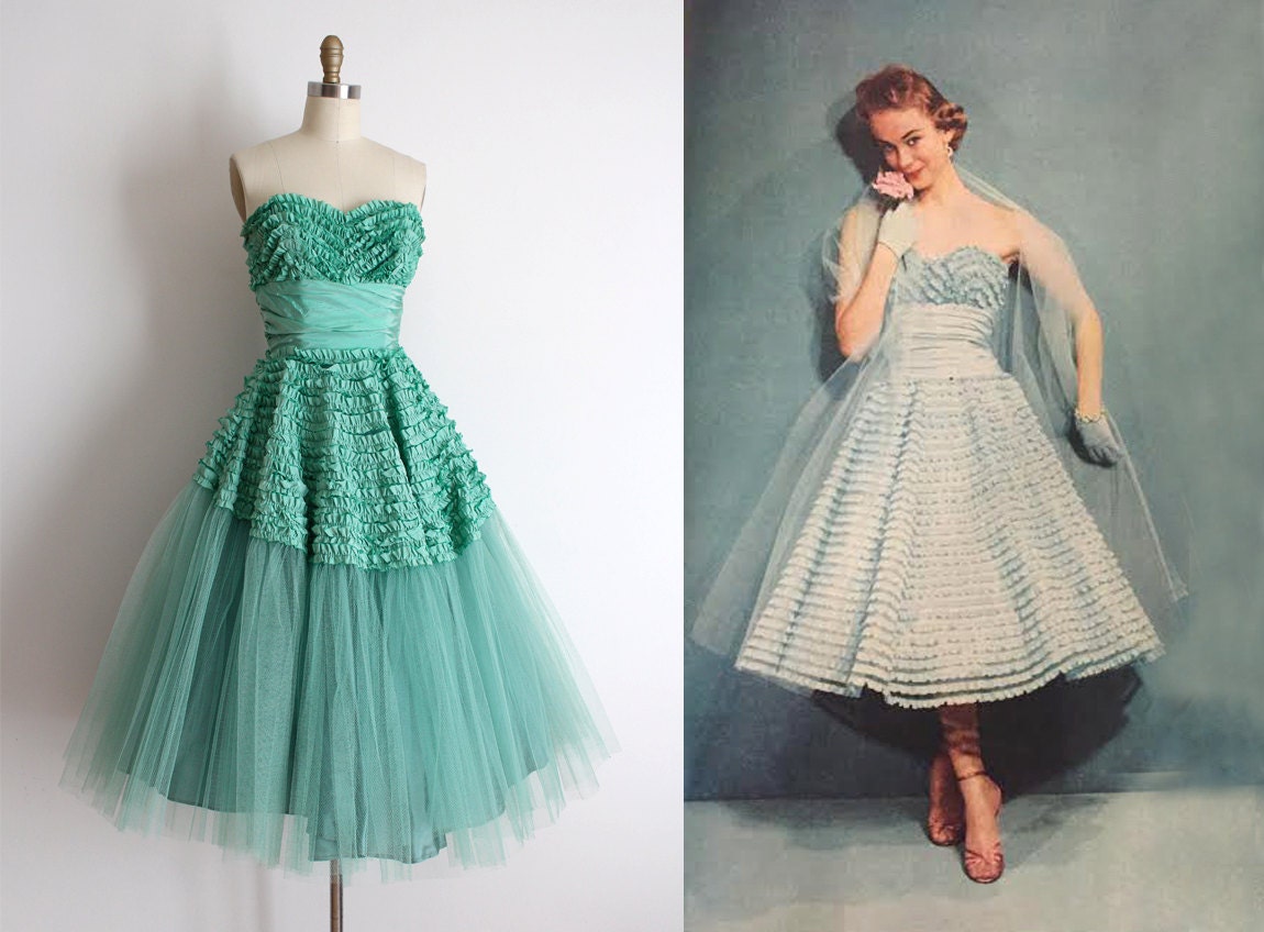 Vintage 1950s Prom Dress 50s Strapless Green Ruffle Prom | Free ...