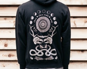 Rabbit Skull Antler Black Zip Up Screen Print Punk Moon Phase Fleece Hoodie