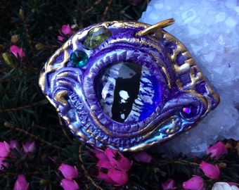 Isles of Heather and Rose "Pixie Dragon Eye" pendant, purple, green hand sculpted
