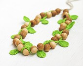 Wooden necklace with green crochet leaves Boho chic Gift for nature lover Handcrafted jewelry