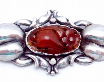 Vintage Sterling Silver Carved Pear Flower Chinese Carnelian Art Deco Pin 22543
