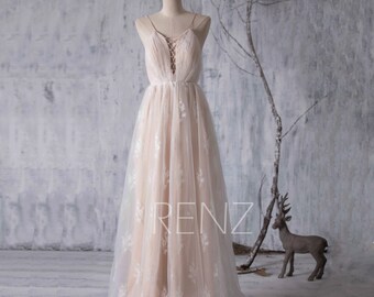 2017 Champagne Bridesmaid Dress, Long Wedding Dress, Sweetheart Hollow Bridal Dress, Flower Tulle Prom Dress Backless Floor Length (LW088)