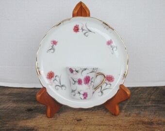Vintage Tea Cup and Saucer Wall Pocket Plate Japan Pink Grey Floral