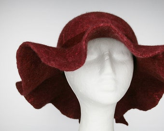 Women's Claret / wine-coloured Brimmed Wool Felt Floppy Hat - Retro inspired Elegant dark red felt hat - Wide Brim Hat - Ready to ship