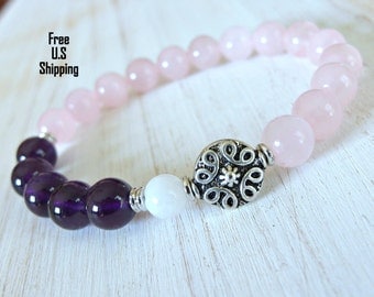 Grade A Amethyst bracelet, Rose Quartz, healing bracelet, calming, Yoga Bracelet, Meditation bracelet, Reiki, wrist mala, Moonstone bracelet