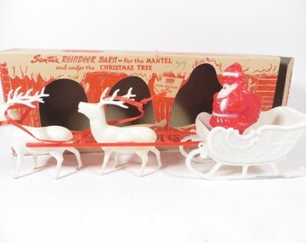 1950's Christmas Santa Claus and Reindeer - Mid Century Plastic Reindeer Barn and Santa Claus in Sled