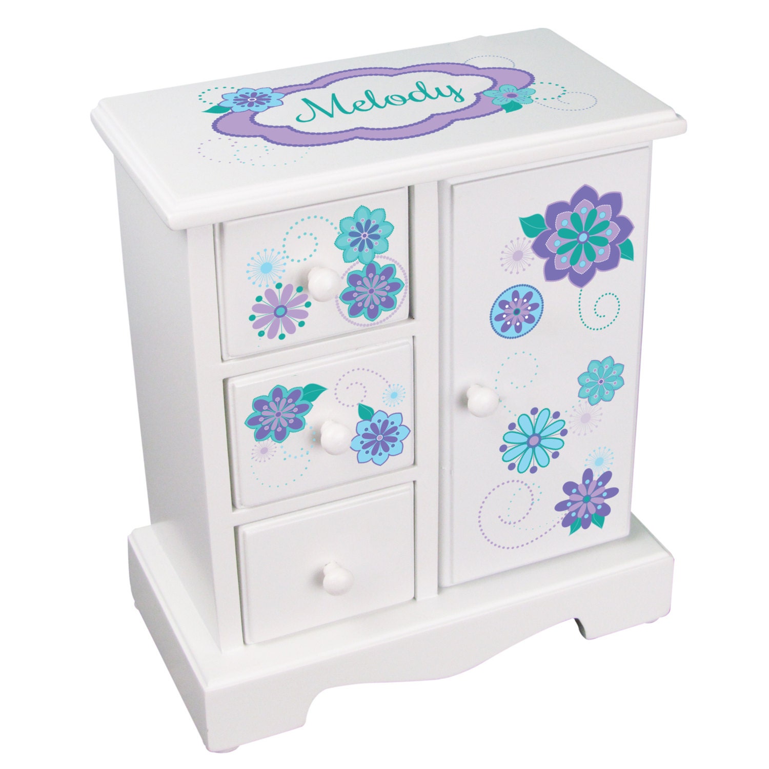 Personalized Jewelry Armoire Teal Lavender design White Tall