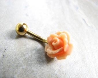 Non Dangle Belly Button Rings, Peach Flower Bellybutton Ring, Gold Salmon Rose Belly Button Jewelry, Belly Piercing