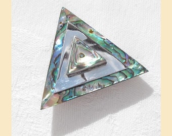 Vintage 1970s brooch, paua shell and silvertone metal, triangular shape